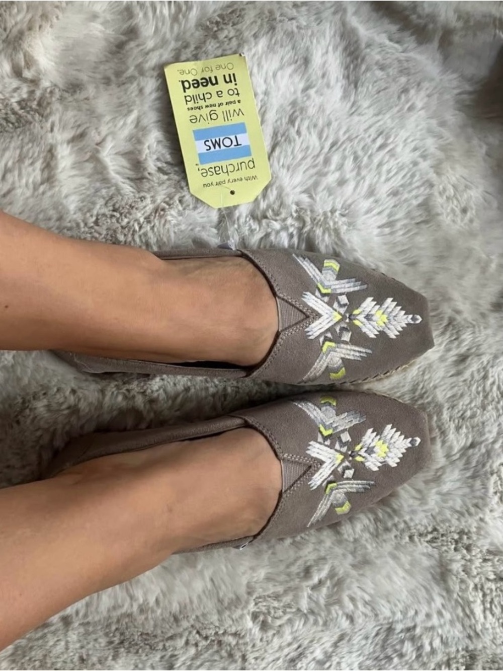 TOMS Taupe Slip-On Moccasins with White & Yellow Embroidery